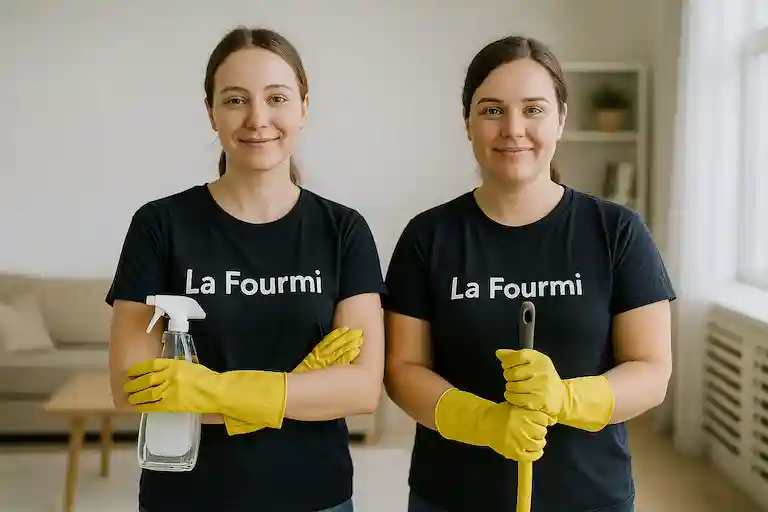 Deux femmes de ménage de La Fourmi souriantes prêtes à intervenir à domicile au Luxembourg