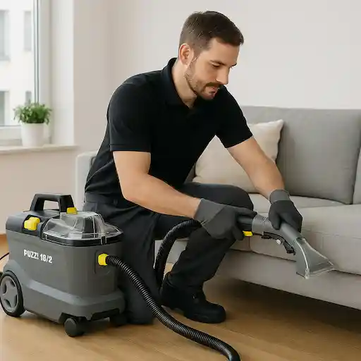 Technicien La Fourmi nettoyant un canapé en tissu avec le Kärcher Puzzi 10/2 au Luxembourg