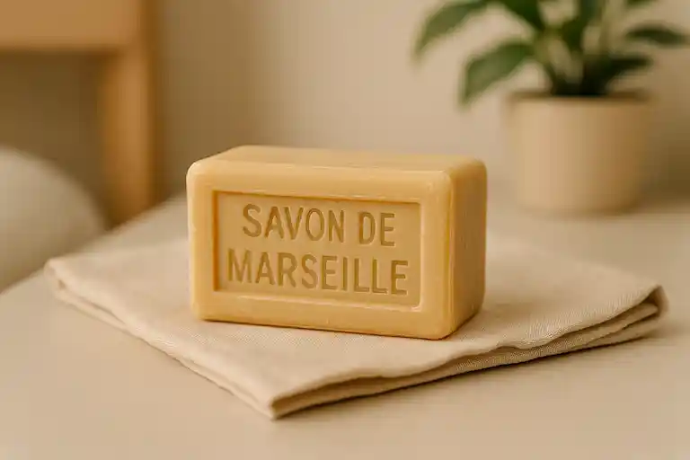 Savon de Marseille posé sur une table, utilisé pour un ménage naturel et écologique au Luxembourg