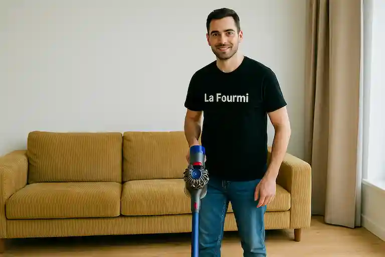 Agent de ménage La Fourmi utilisant un aspirateur pour un nettoyage à domicile au Luxembourg