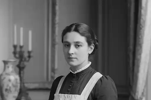 aide-ménagère du XIXe siècle portant un tablier blanc dans un appartement bourgeois, photo historique en noir et blanc