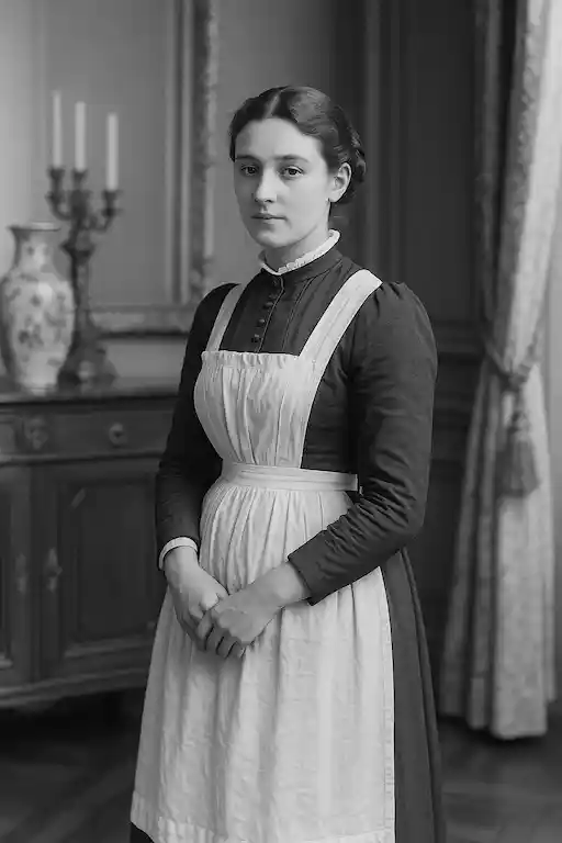 aide-ménagère du XIXe siècle portant un tablier blanc dans un appartement bourgeois