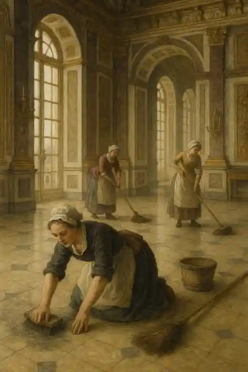domestiques au château de Versailles nettoyant les sols au XVIIe siècle