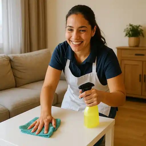 femme de ménage à domicile au Luxembourg souriante, en train de nettoyer une maison moderne