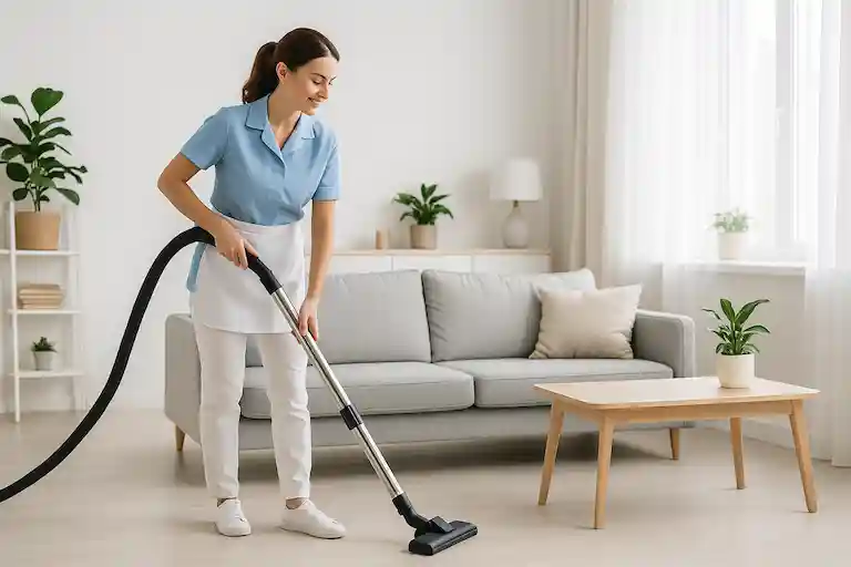 femme de ménage professionnelle au Luxembourg nettoyant un salon lumineux