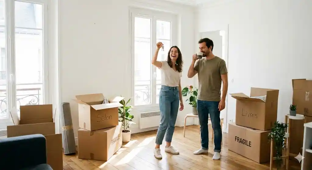 Cartons de déménagement dans un appartement vide pour nouveaux arrivants cherchant une aide ménagère au Luxembourg