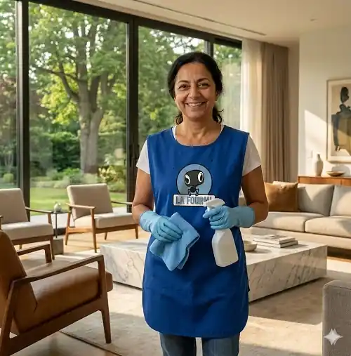 Femme de ménage professionnelle et souriante de la société La Fourmi dans un salon propre au Luxembourg.