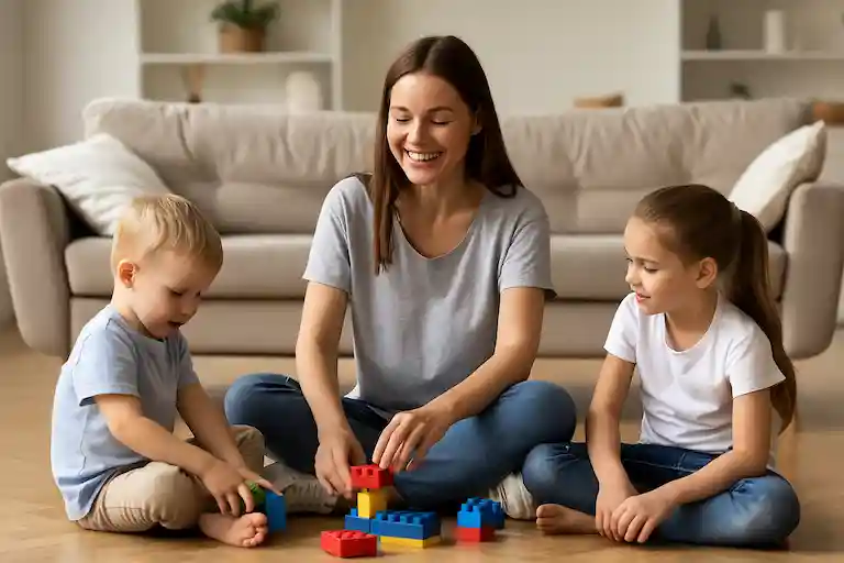 Jouer avec ses enfants dans un salon propre et lumineux pendant que La Fourmi s’occupe du ménage.