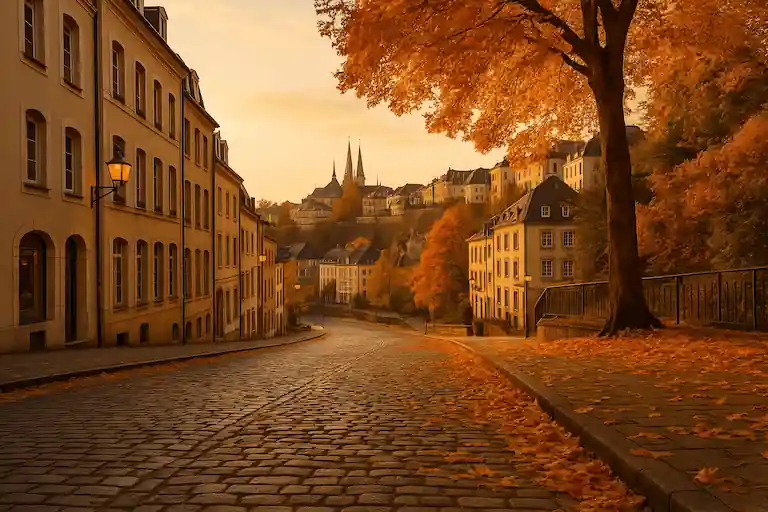 Vue du centre-ville de Luxembourg en automne, avec des feuilles dorées et une lumière chaude de fin de journée.