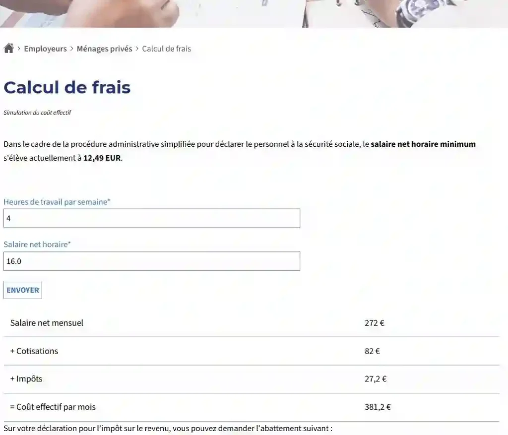Simulation coût employeur CCSS ménage privé Capture d'écran du simulateur officiel CCSS Luxembourg montrant le coût mensuel employeur pour une femme de ménage de 4h par semaine.