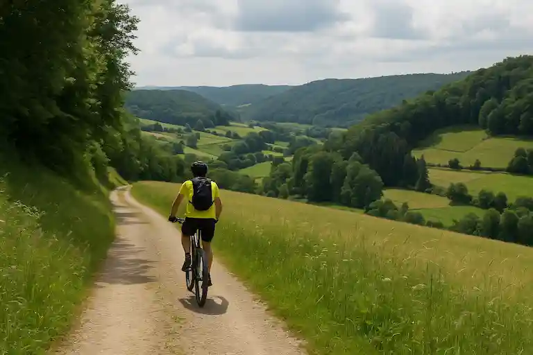 Faire du vélo dans la campagne luxembourgeoise pendant que La Fourmi nettoie la maison.