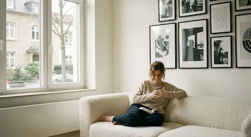 Femme détendue sur son canapé dans un salon propre après un service de ménage et bricolage au Luxembourg La Fourmi .