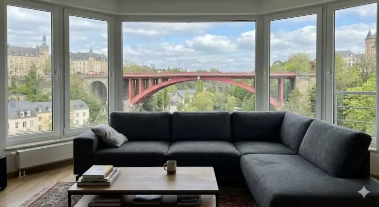 Canapé d'angle en tissu gris propre dans un salon lumineux avec vue sur Luxembourg Ville