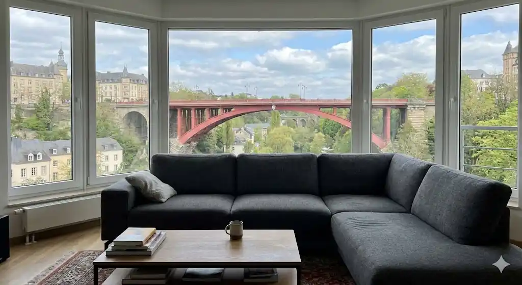Canapé d'angle en tissu gris propre dans un salon lumineux avec vue sur Luxembourg Ville