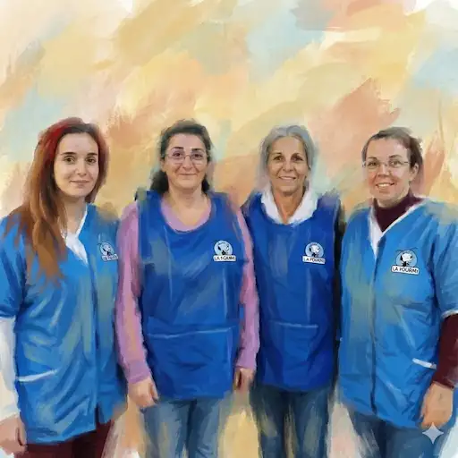 Illustration artistique représentant quatre femmes de l'équipe La Fourmi portant des gilets bleus de travail et souriant face à l'objectif.