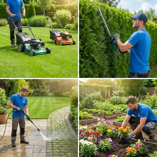 Vue d'ensemble des services de jardinage : tonte, taille, nettoyage et plantation avec outillage professionnel.