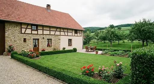 Beau jardin parfaitement entretenu avec pelouse tondue et haies taillées devant une maison au Luxembourg.