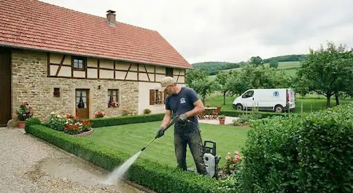 Nettoyage haute pression d'une allée de jardin pour enlever la mousse et les saletés.
