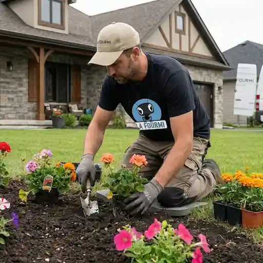 Jardinier La Fourmi en train de planter des fleurs colorées dans un massif.