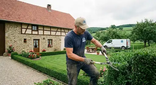 Jardinier taillant une haie avec précision à la main pour une finition parfaite.