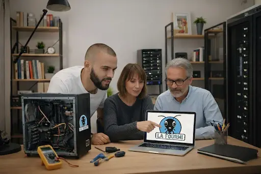 Technicien de La Fourmi expliquant des solutions informatiques à un couple de clients devant un ordinateur.