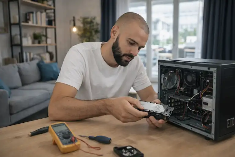 Technicien informatique La Fourmi réparant un ordinateur fixe et manipulant un disque dur.