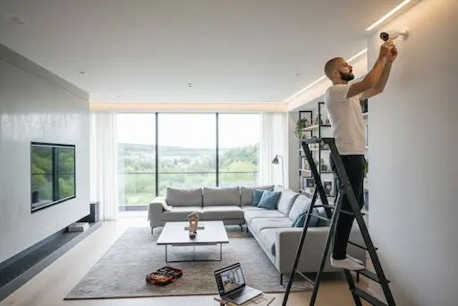 Technicien installant une caméra de surveillance connectée dans un salon moderne.