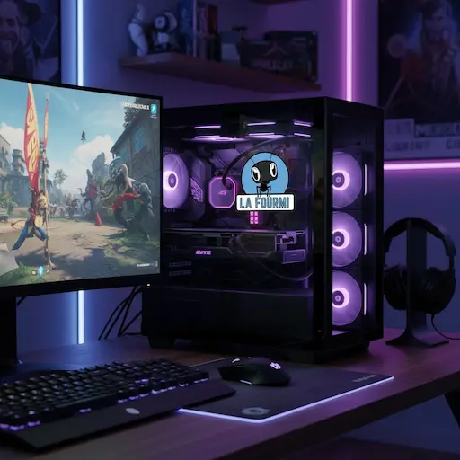 Ordinateur gaming haute performance avec éclairage RGB et logo La Fourmi.